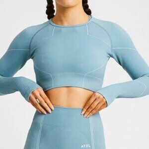 AYBL REFLEX SEAMLESS LONG SLEEVE CROP ATHLETIC TOP IN DUSTY MINT GREEN - S